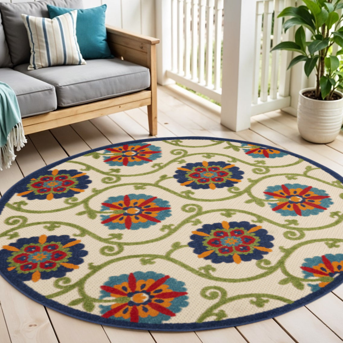 5 Navy Blue Beige Green Blue And Red Round Floral Indoor Outdoor Area Rug