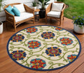 8 Navy Blue Beige Green Blue And Red Round Floral Indoor Outdoor Area Rug