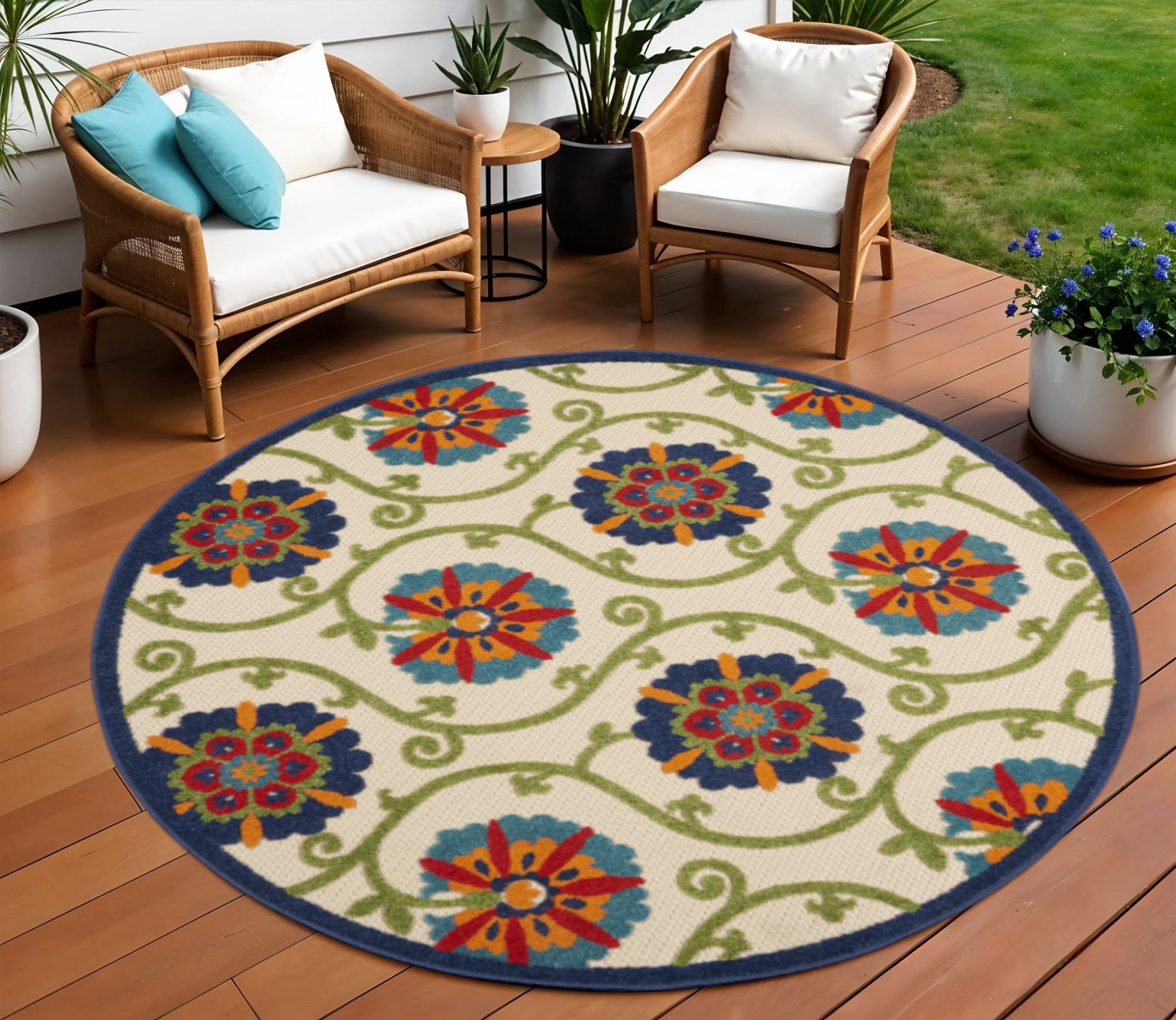 8 Navy Blue Beige Green Blue And Red Round Floral Indoor Outdoor Area Rug