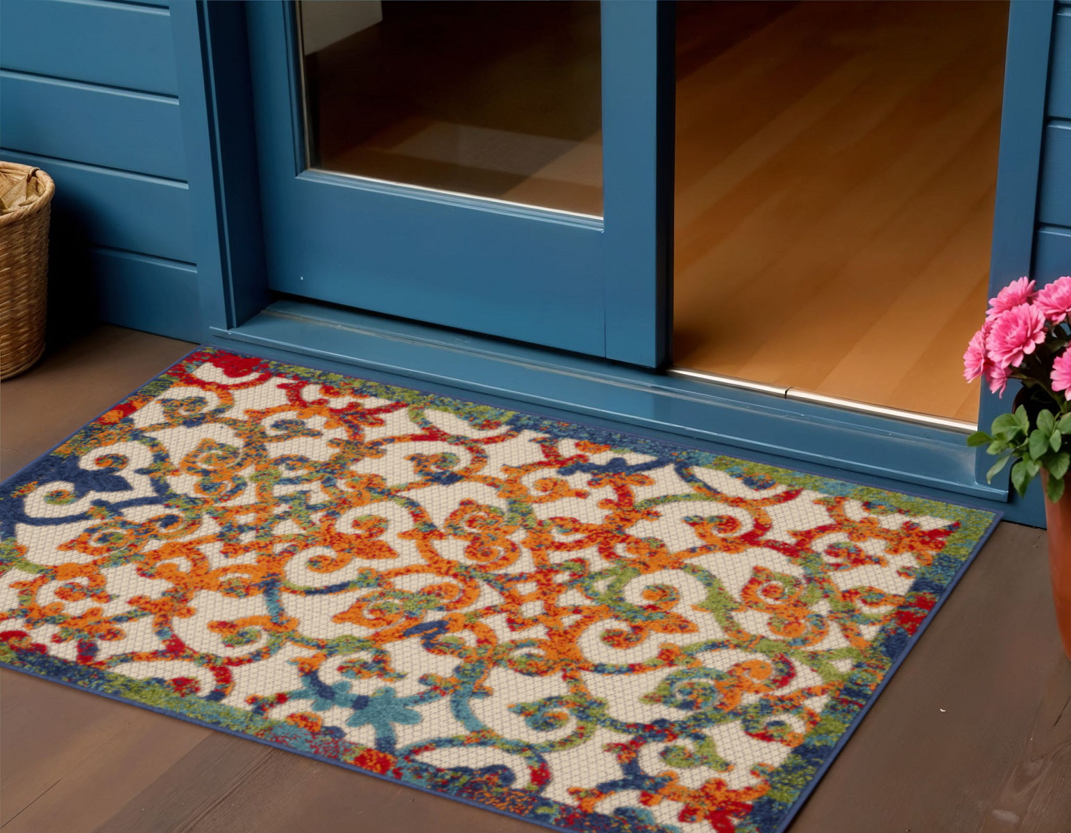 3 X 4 Navy Blue Beige Green Orange And Red Trellis Indoor Outdoor Area Rug