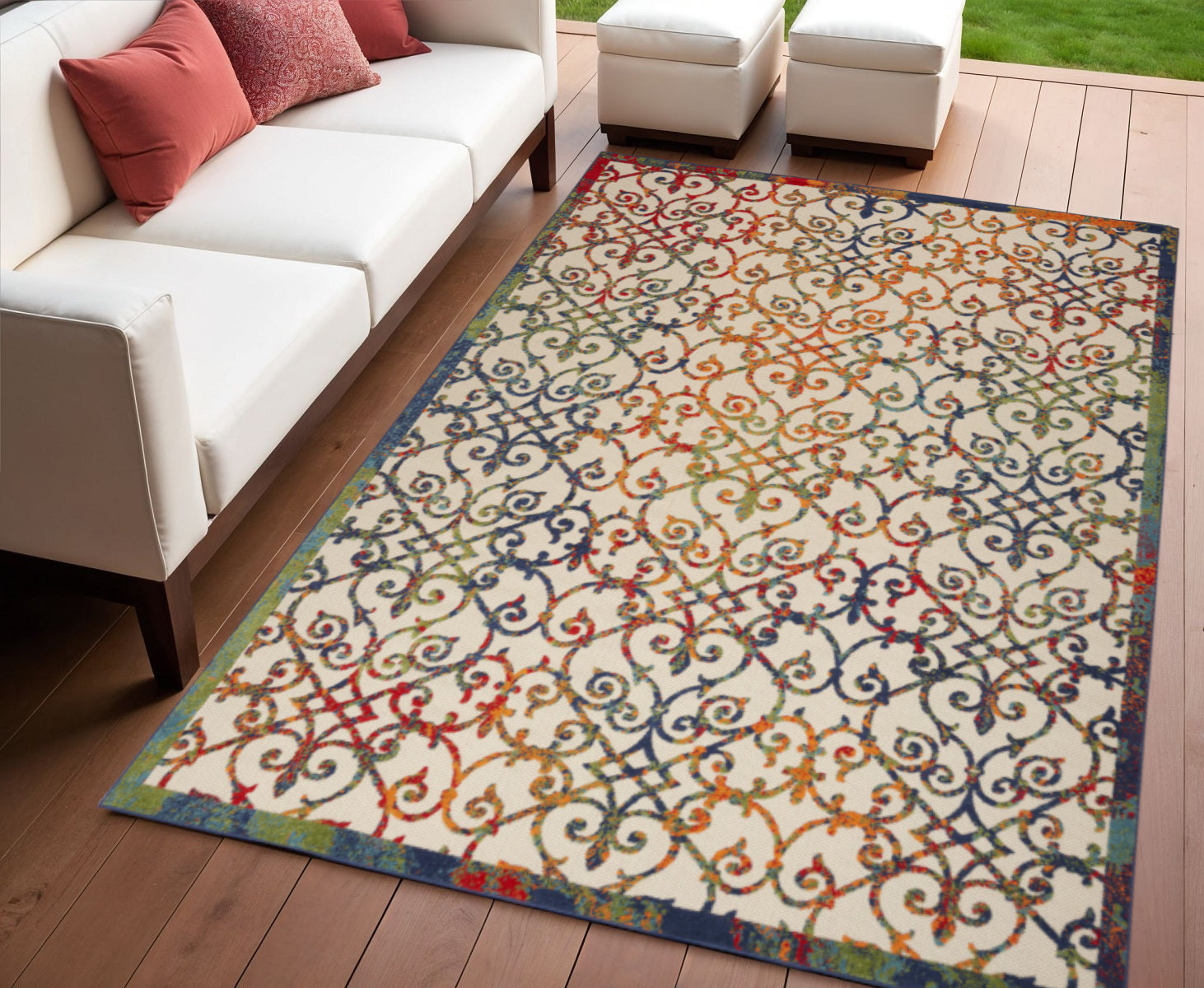 4 X 6 Ivory Blue Orange And Green Trellis Indoor Outdoor Area Rug