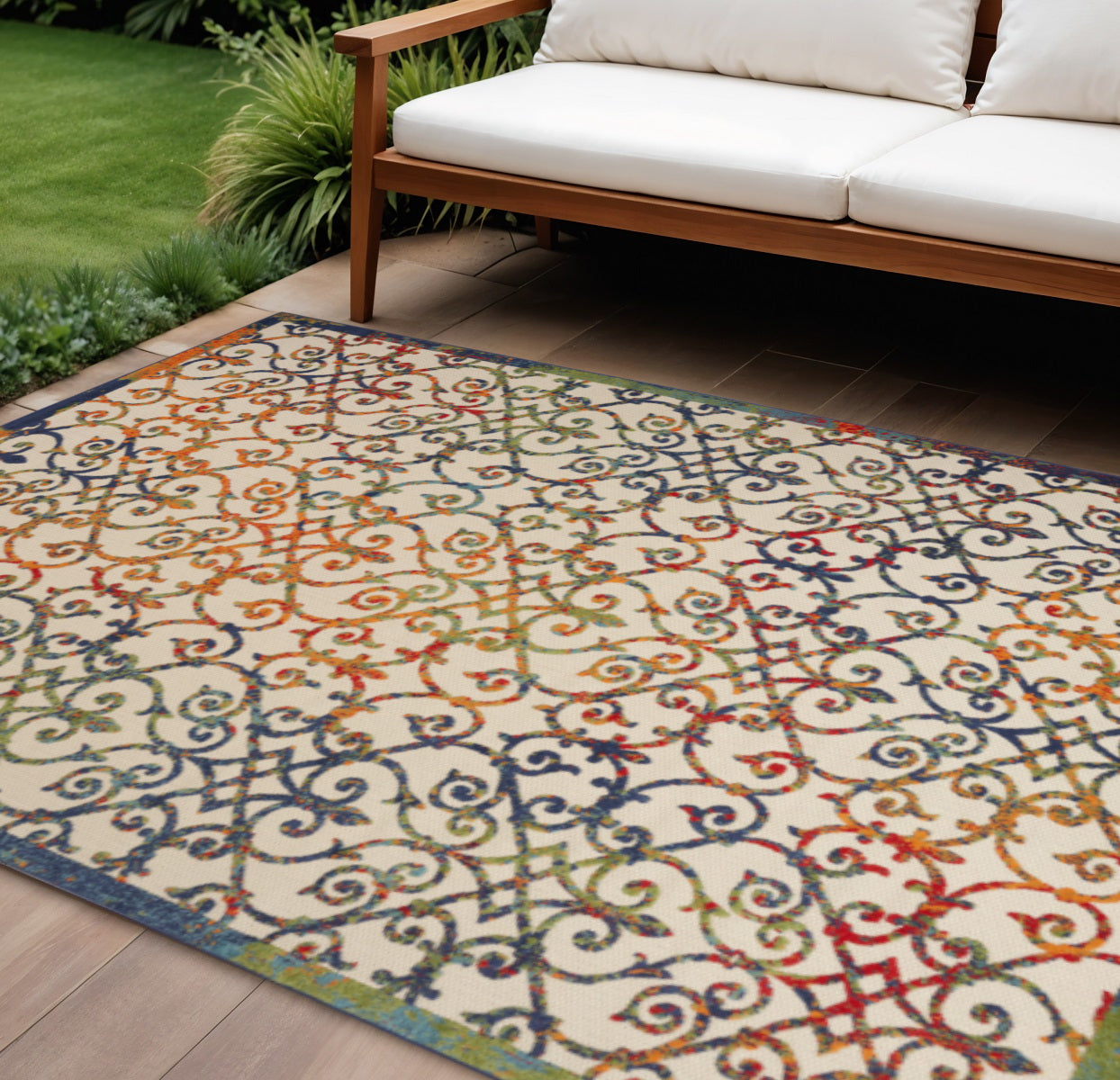 8 X 11 Ivory Blue Orange And Green Trellis Indoor Outdoor Area Rug