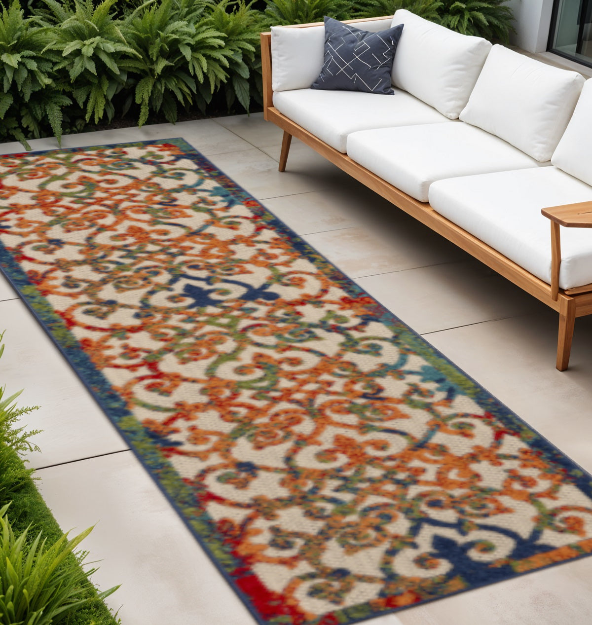 10 Ivory Blue Orange And Green Trellis Indoor Outdoor Runner Rug