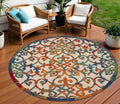 8 Ivory Blue Orange And Green Round Trellis Indoor Outdoor Area Rug