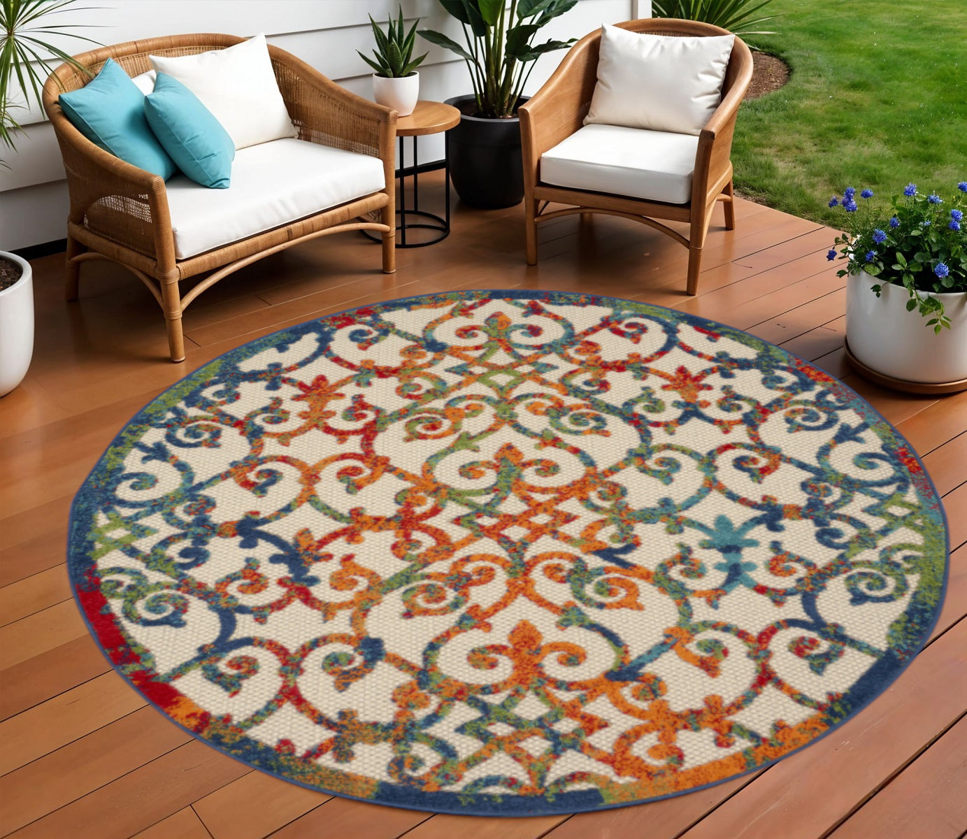 8 Ivory Blue Orange And Green Round Trellis Indoor Outdoor Area Rug