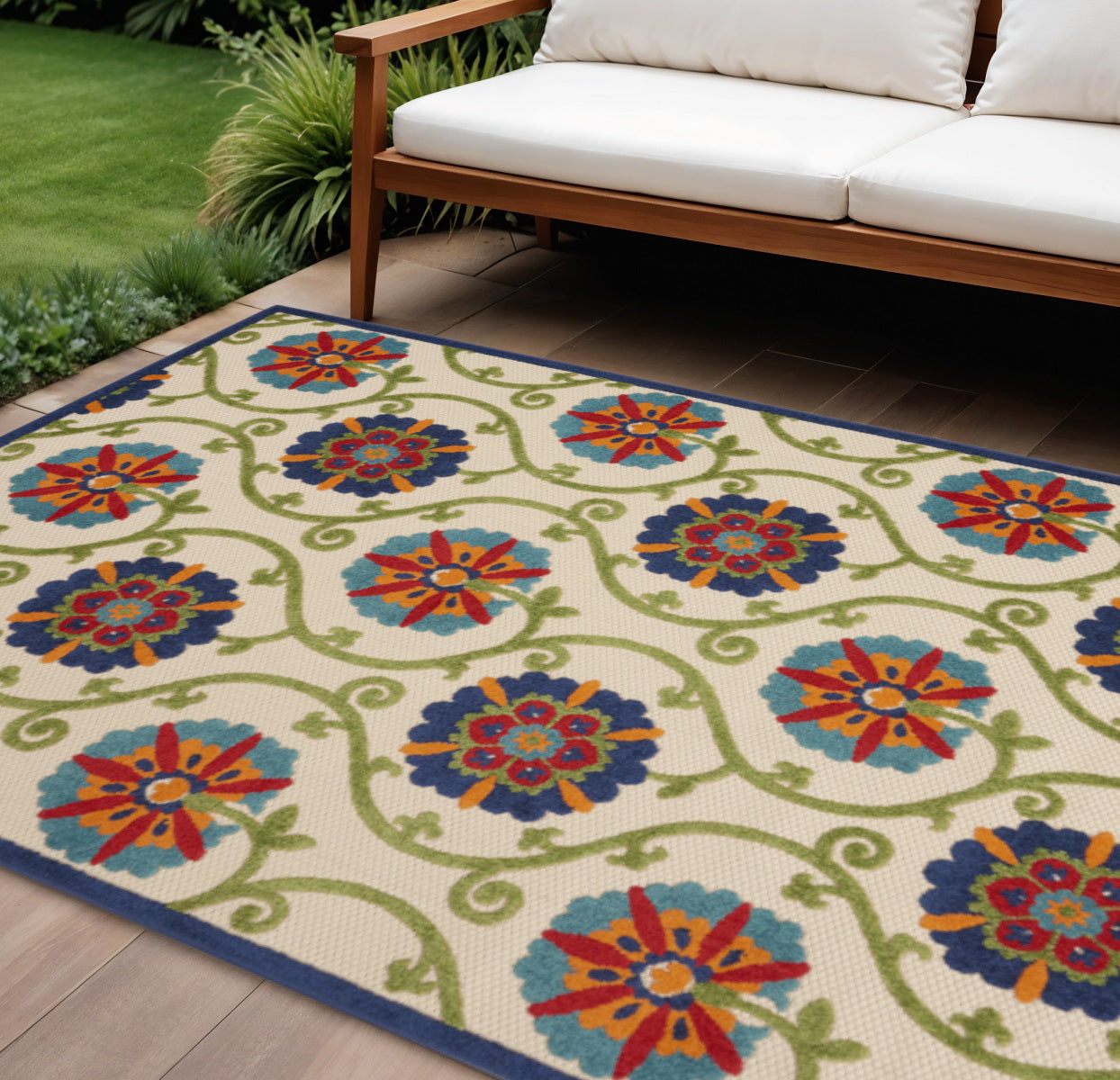 7 X 10 Navy Blue Beige Green Blue And Red Floral Indoor Outdoor Area Rug