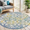 5 Ivory Blue And Yellow Round Trellis Indoor Outdoor Area Rug