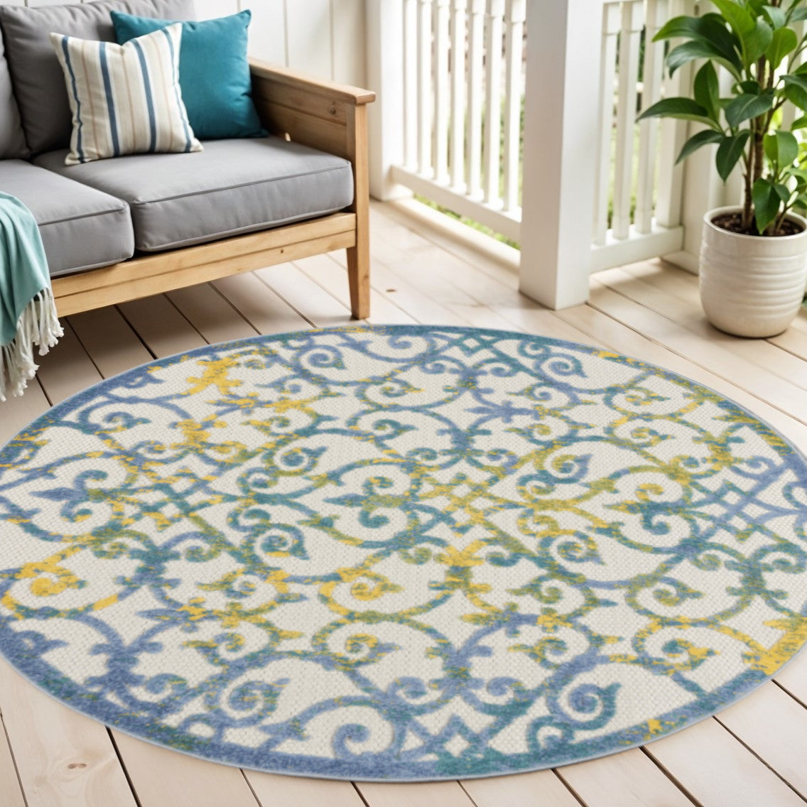 5 Ivory Blue And Yellow Round Trellis Indoor Outdoor Area Rug