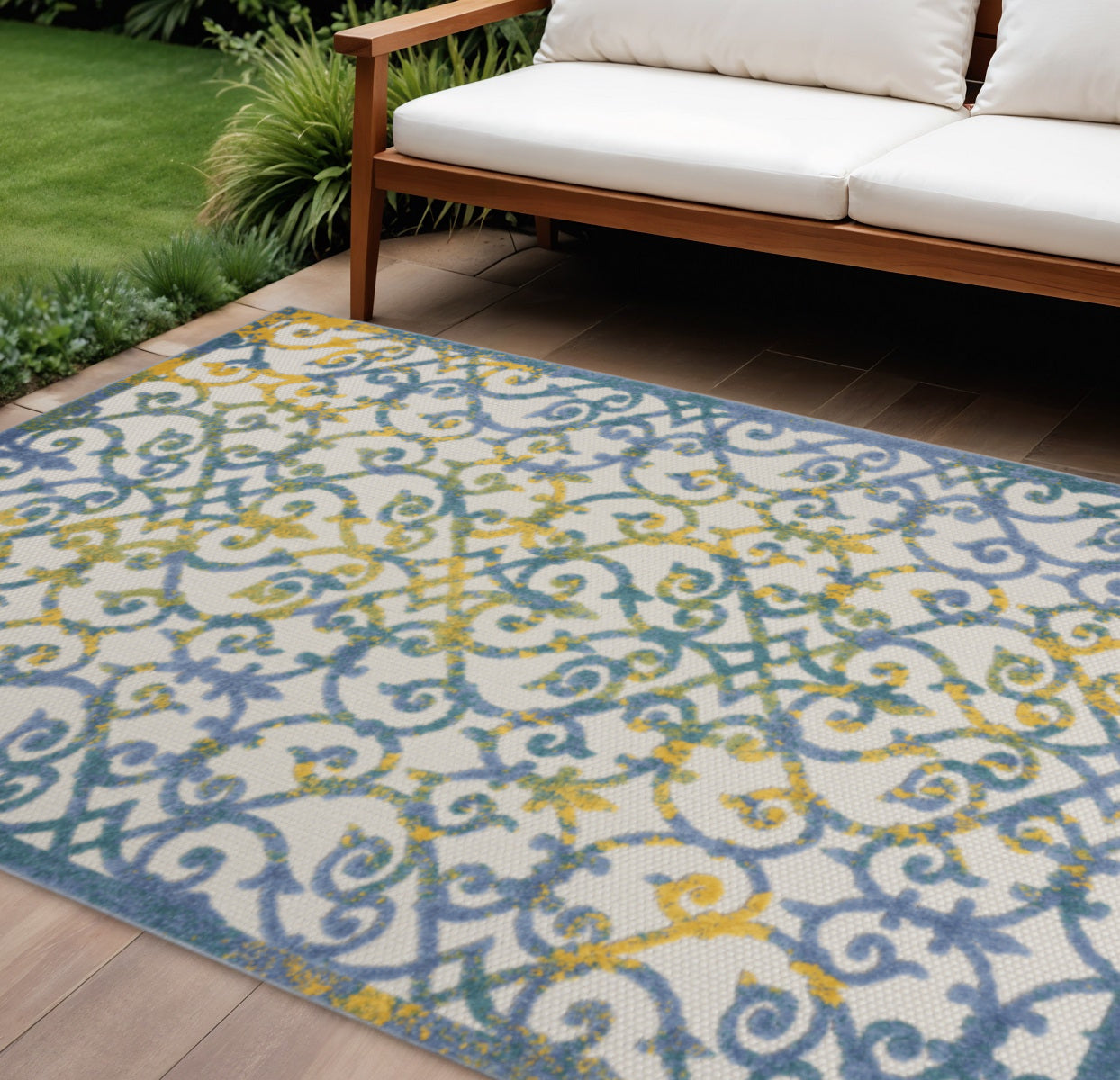 7 X 10 Ivory Blue And Yellow Trellis Indoor Outdoor Area Rug