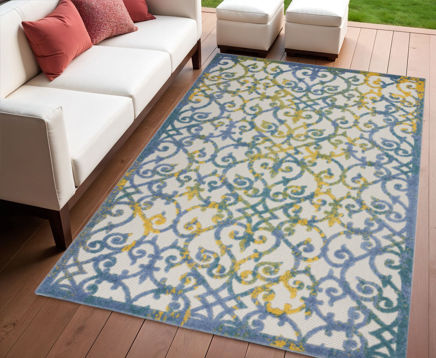 4 X 6 Ivory Blue And Yellow Trellis Indoor Outdoor Area Rug