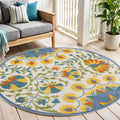 5 Ivory Blue Yellow And Orange Round Floral Indoor Outdoor Area Rug