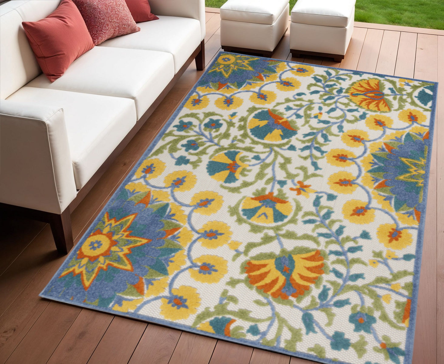 4 X 6 Ivory Blue Yellow And Orange Floral Indoor Outdoor Area Rug