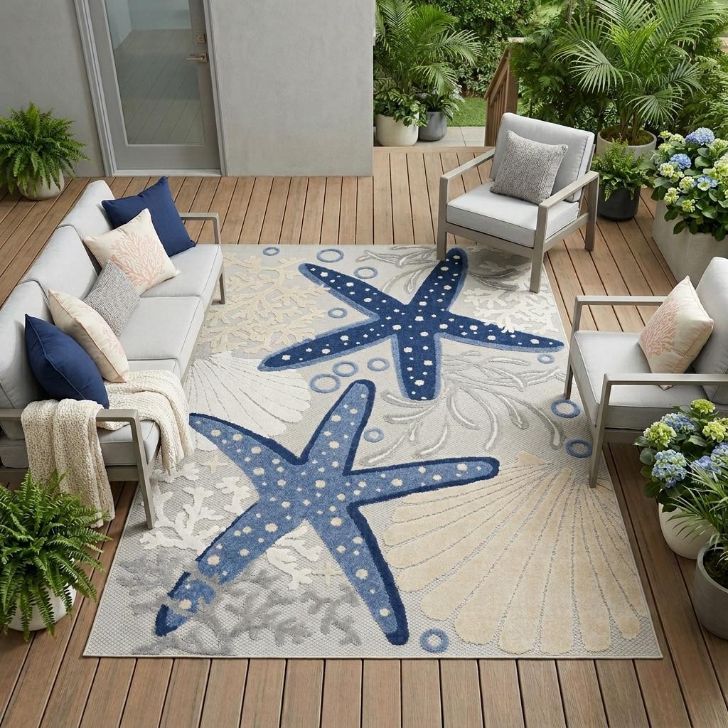 6 X 9 Navy Blue And Gray Starfish Indoor Outdoor Area Rug