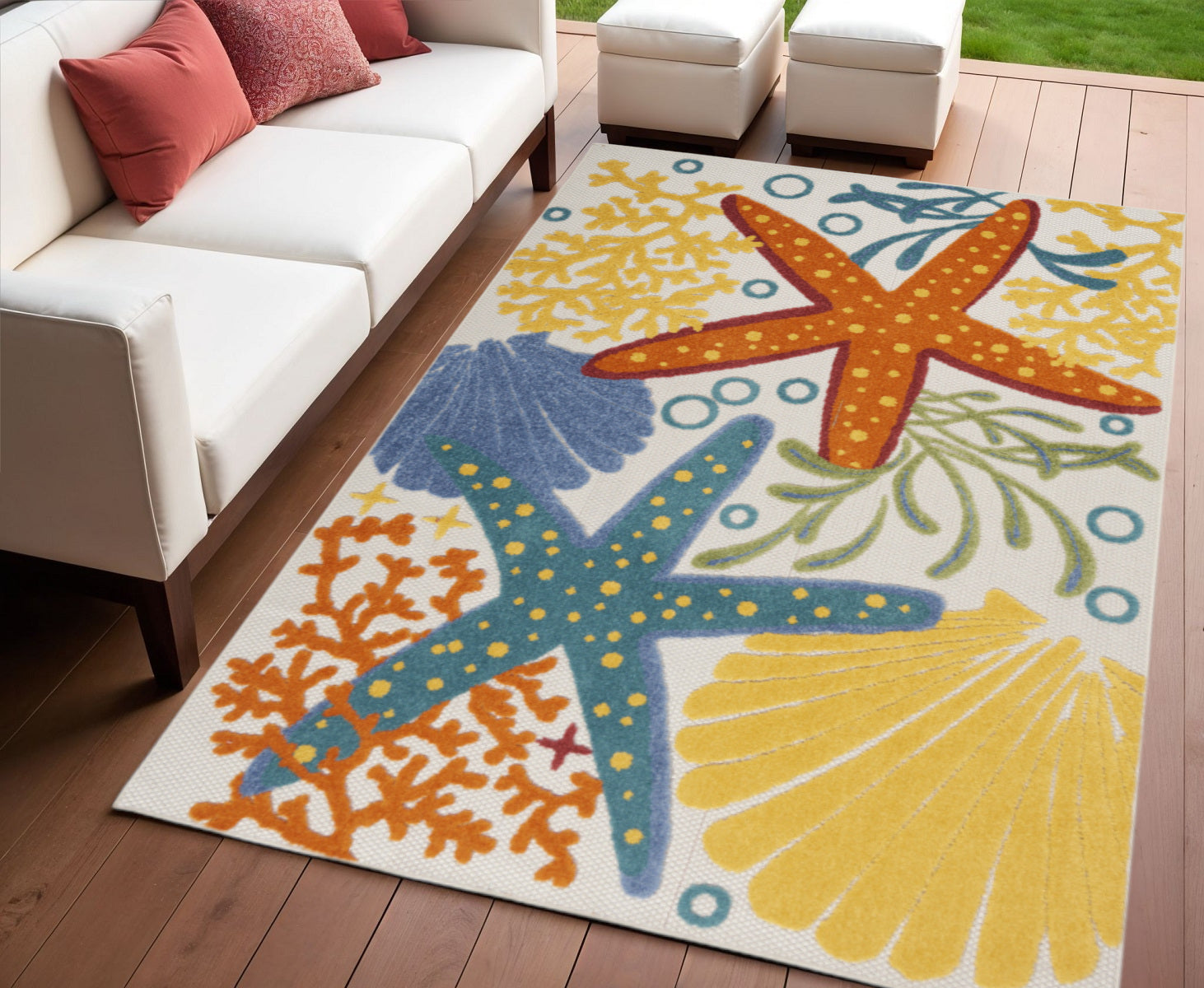 4 X 6 Blue Yellow And Orange Starfish Indoor Outdoor Area Rug