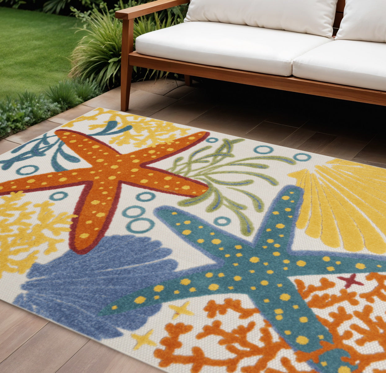 8 X 11 Blue And Yellow Starfish Indoor Outdoor Area Rug