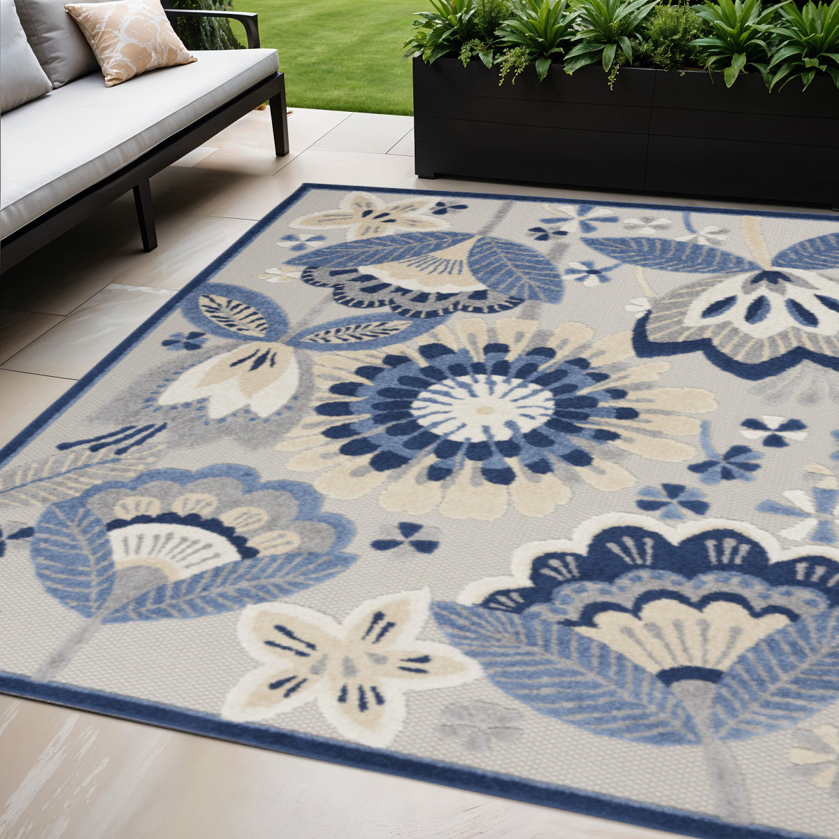 5 X 8 Blue And Gray Floral Indoor Outdoor Area Rug