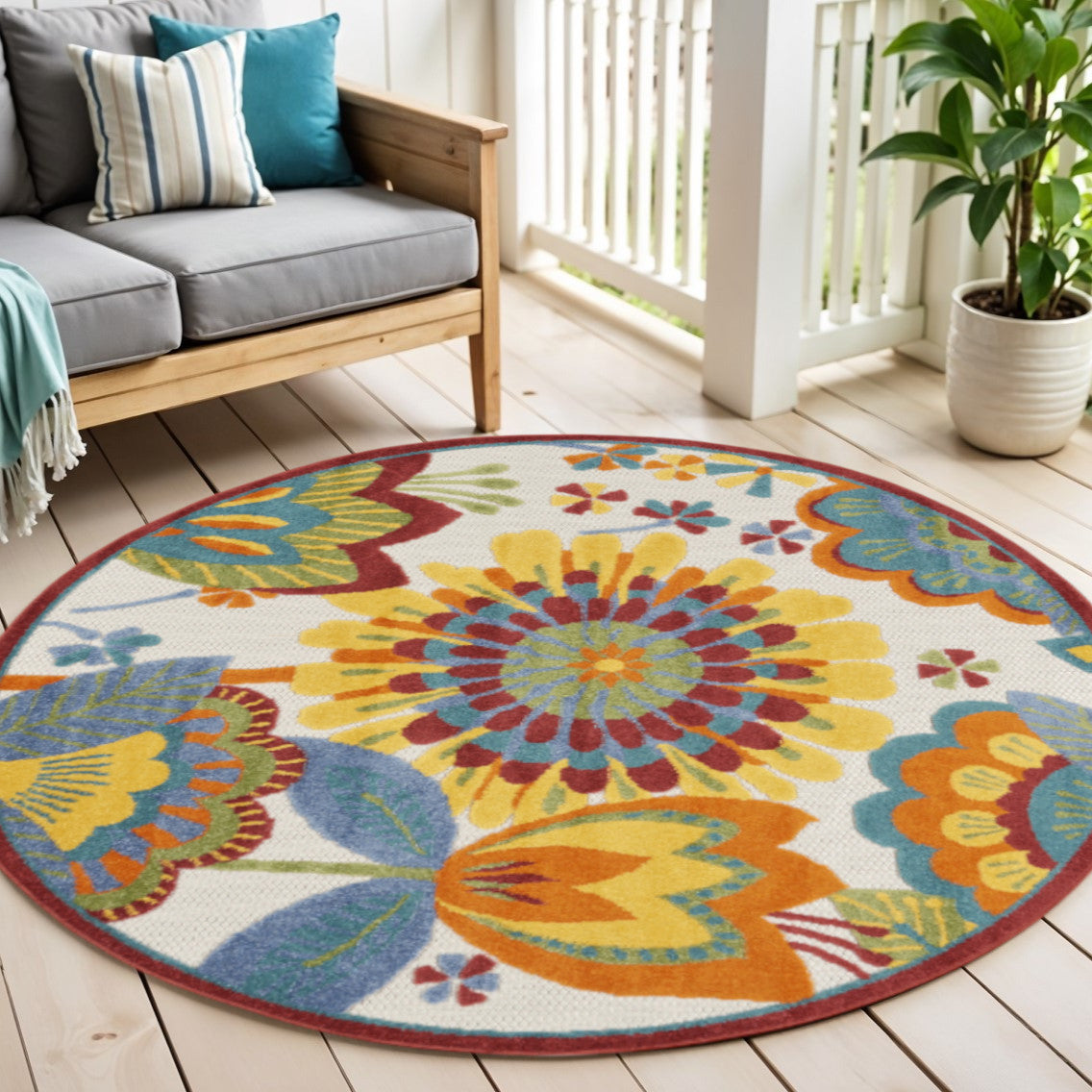 4 Ivory Blue Orange Red And Yellow Round Floral Indoor Outdoor Area Rug