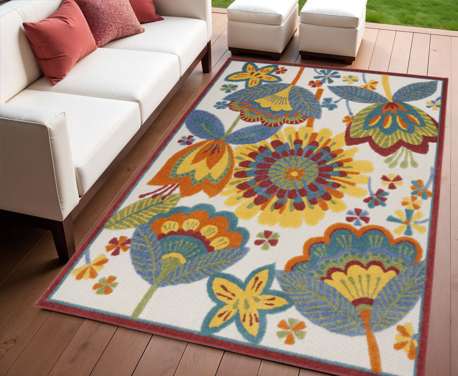 4 X 6 Ivory Blue Orange Red And Yellow Floral Indoor Outdoor Area Rug