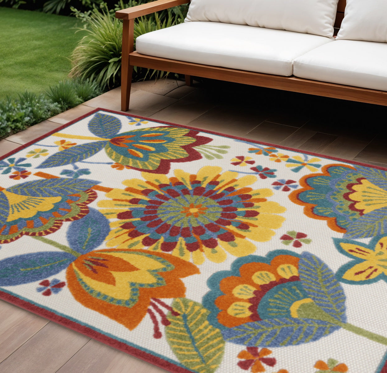 8 X 11 Ivory Blue Orange Red And Yellow Floral Indoor Outdoor Area Rug
