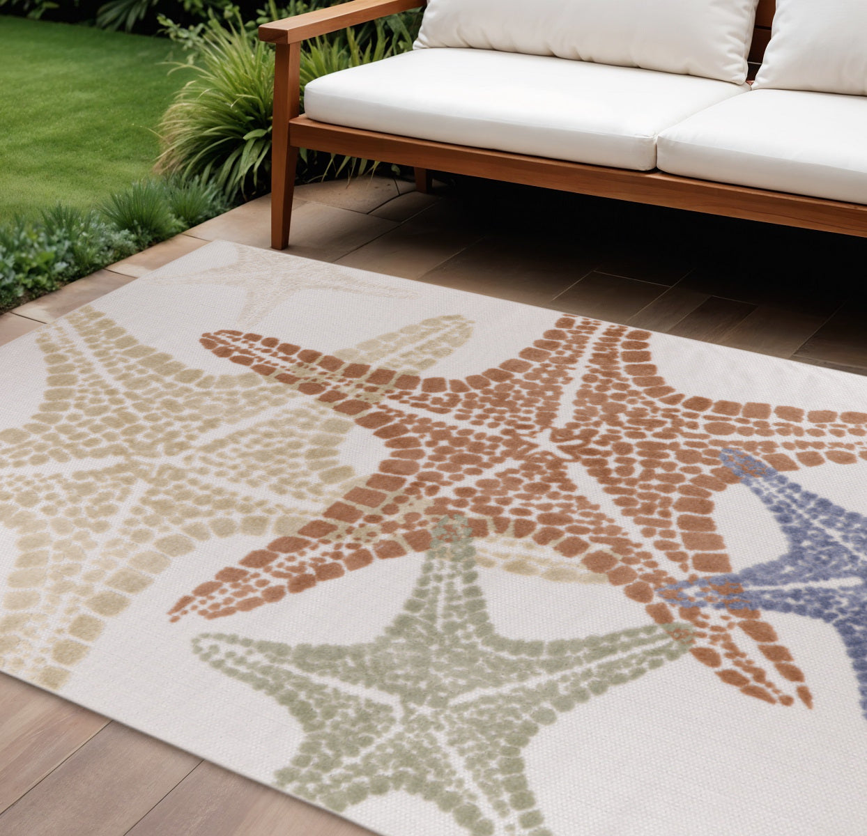 9 X 12 Ivory Blue Yellow Orange And Green Starfish Indoor Outdoor Area Rug