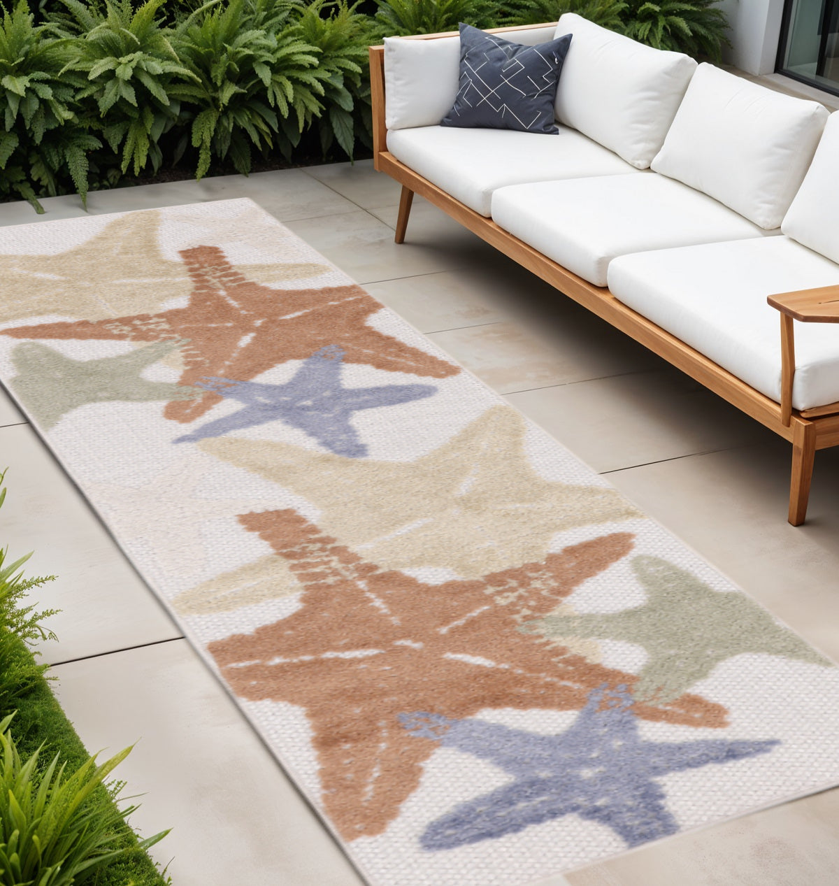 8 Ivory Yellow Orange And Green Starfish Indoor Outdoor Runner Rug
