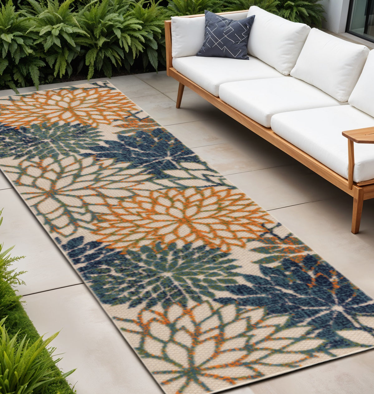 8 Ivory Blue Green And Yellow Floral Indoor Outdoor Runner Rug