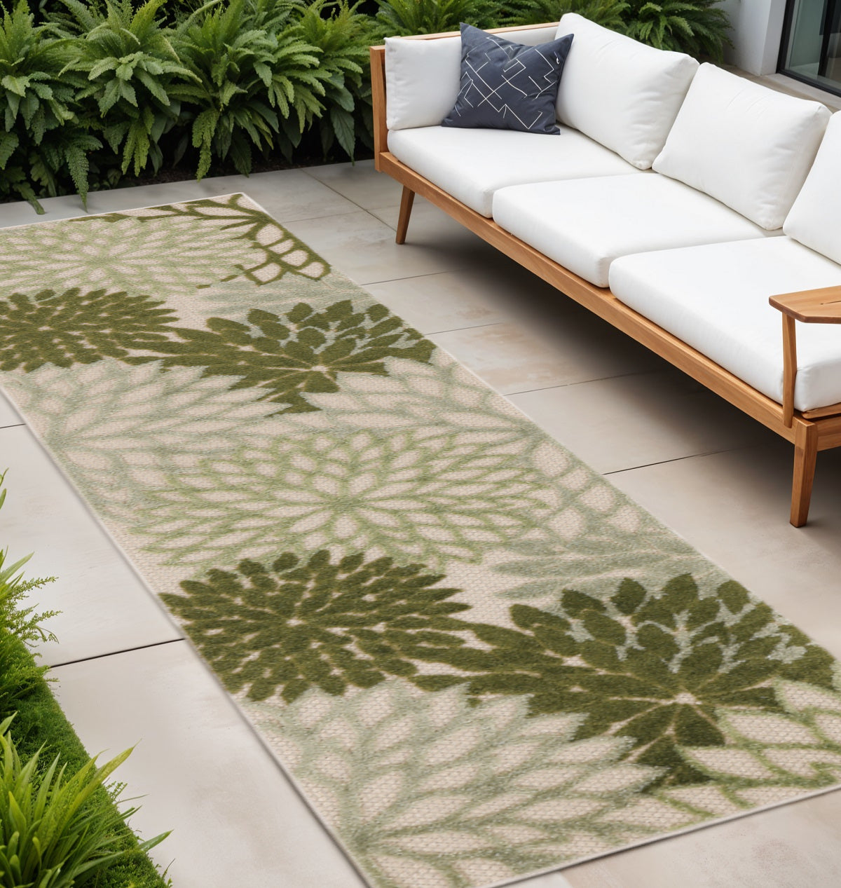 8 Ivory Green And Dark Green Floral Indoor Outdoor Runner Rug