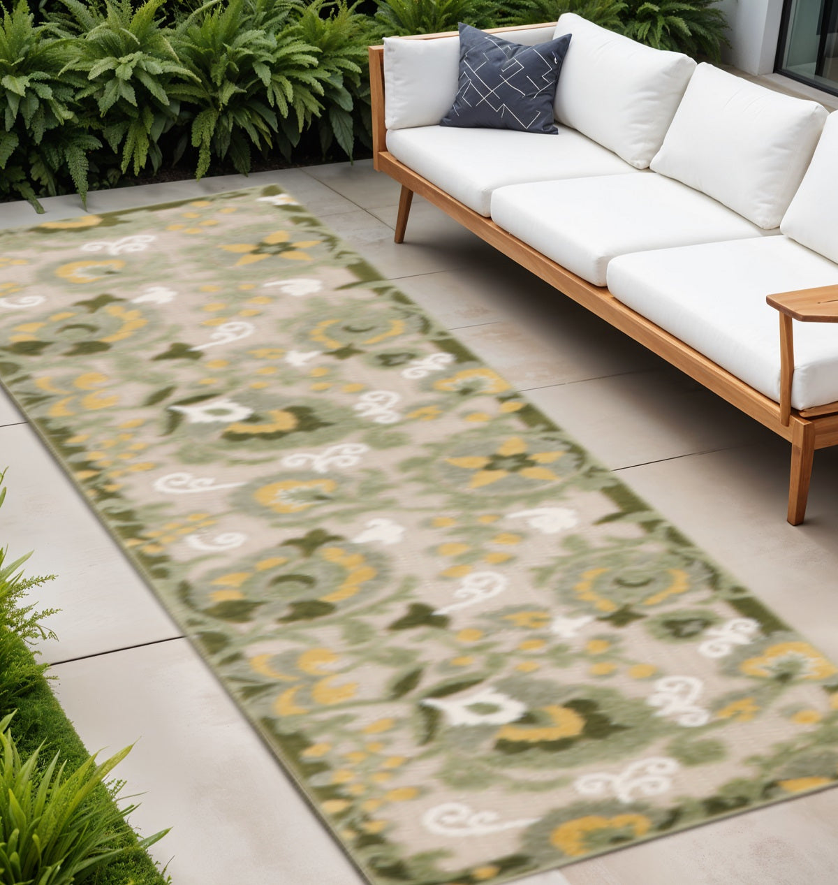 8 Ivory Dark Green And Yellow Floral Indoor Outdoor Runner Rug