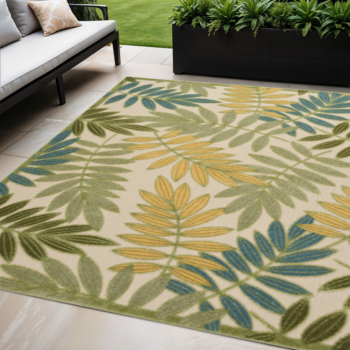 5 X 8 Green Yellow And Blue Palm Leaf Indoor Outdoor Area Rug