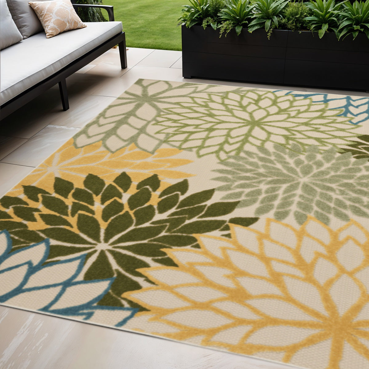 5 X 8 Green Yellow And Blue Floral Indoor Outdoor Area Rug