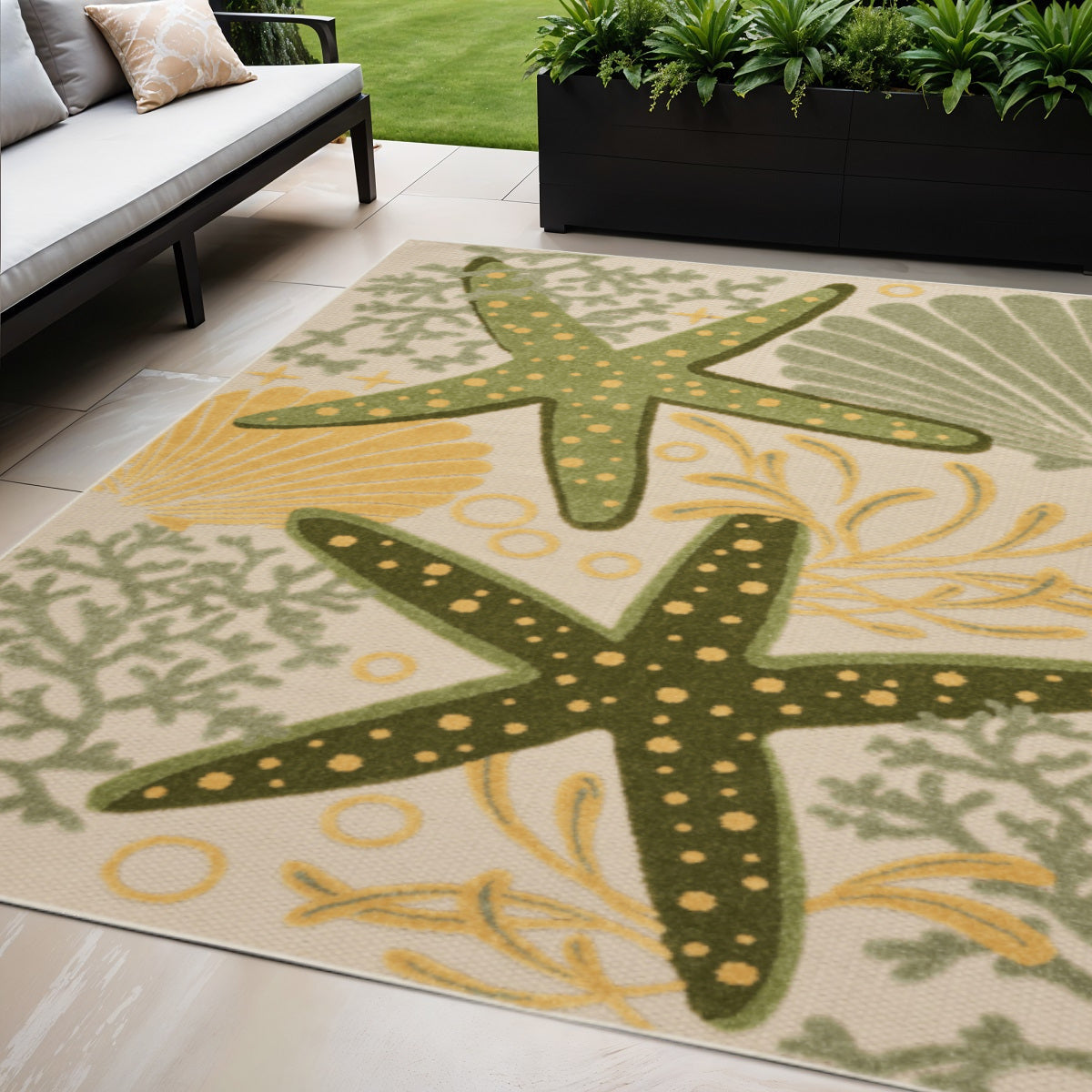 5 X 8 Green Yellow And Blue Starfish Indoor Outdoor Area Rug