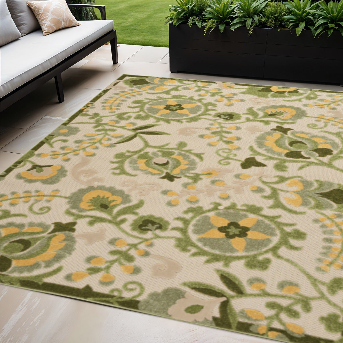 5 X 8 Ivory Green And Yellow Floral Indoor Outdoor Area Rug