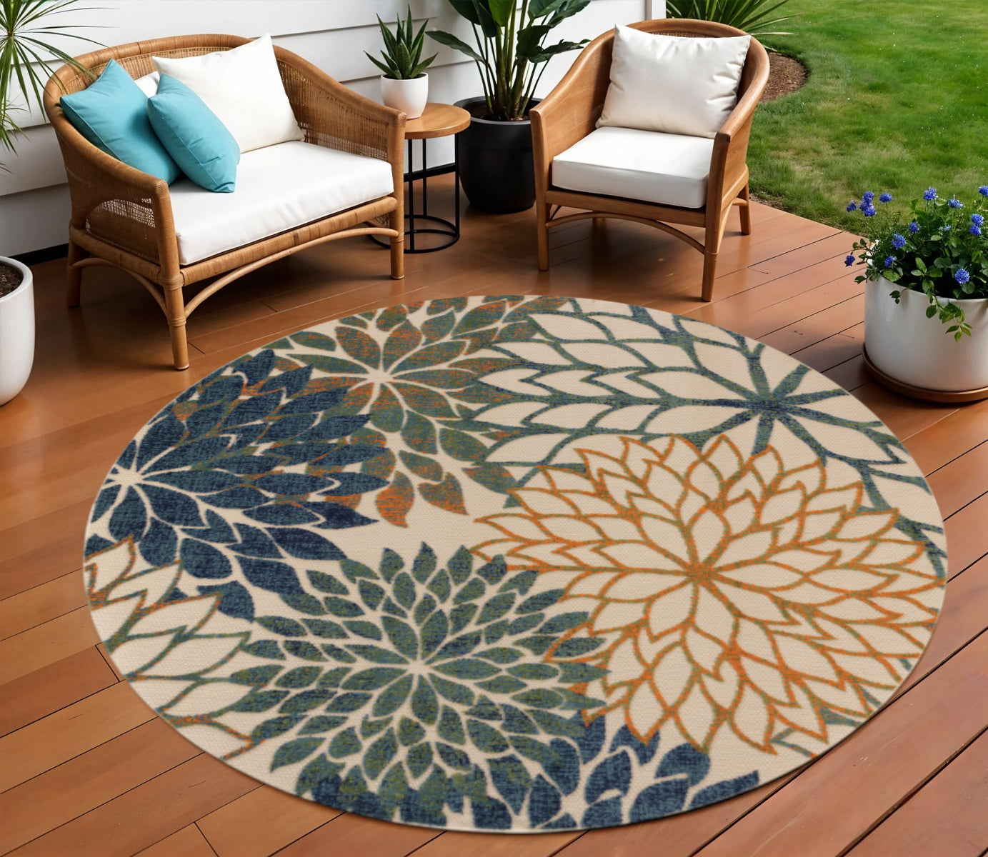 8 Blue Green And Orange Round Floral Indoor Outdoor Area Rug