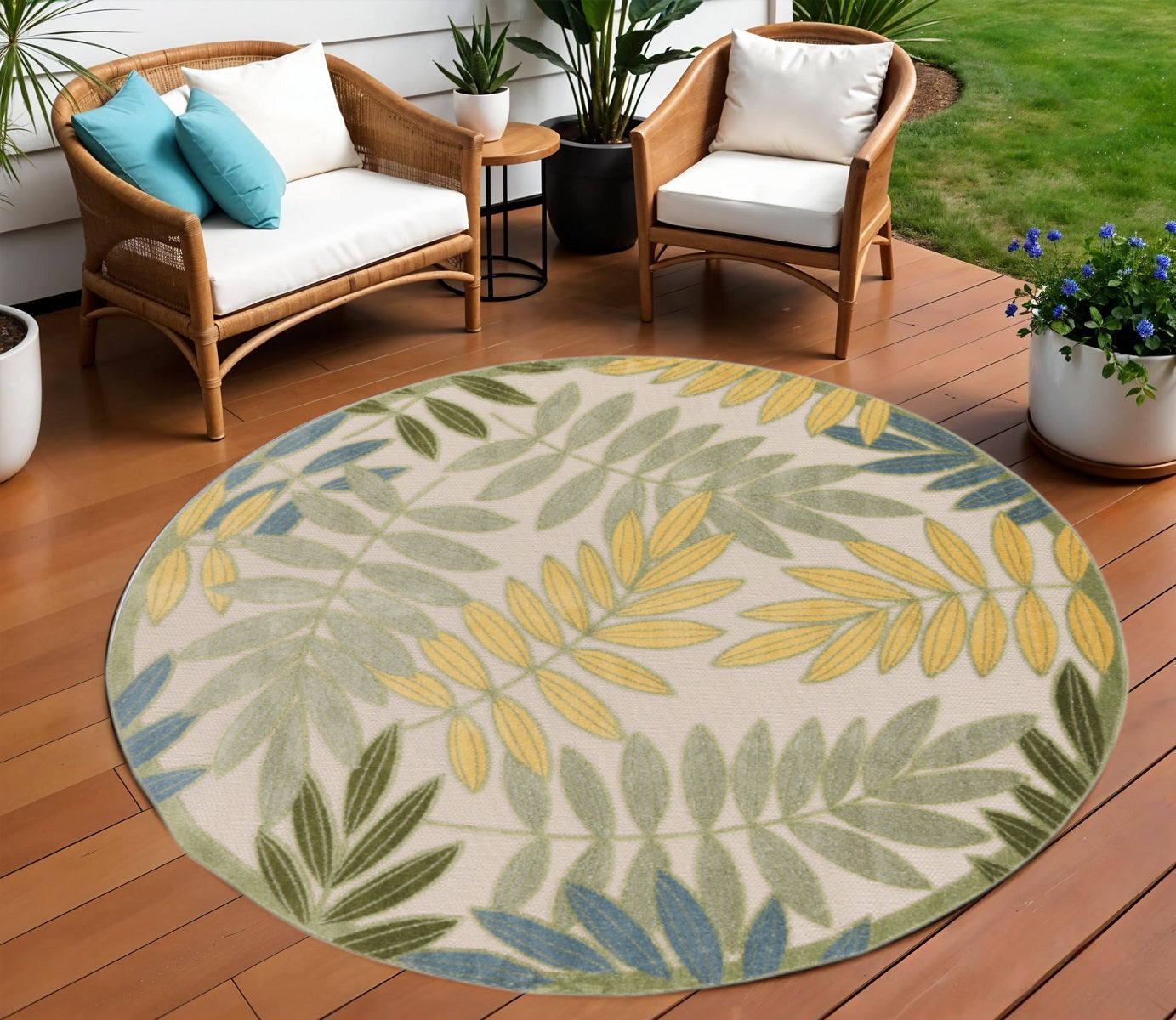 8 Green Yellow And Blue Round Palm Leaf Indoor Outdoor Area Rug