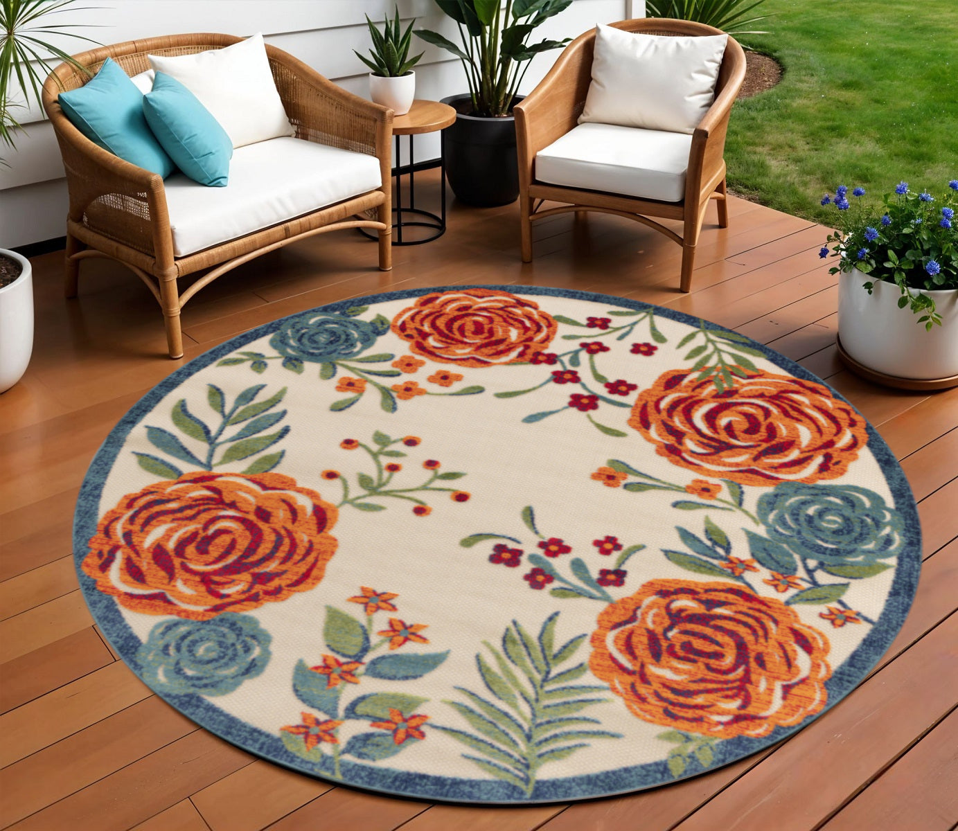 8 Ivory Orange Green And Blue Round Floral Indoor Outdoor Area Rug