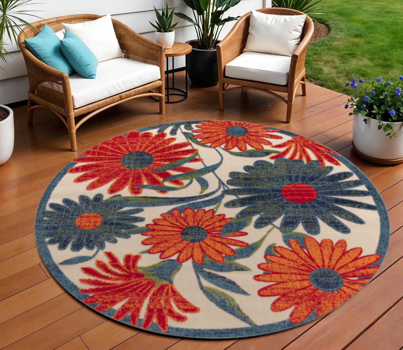 8 Ivory Orange And Blue Round Floral Indoor Outdoor Area Rug