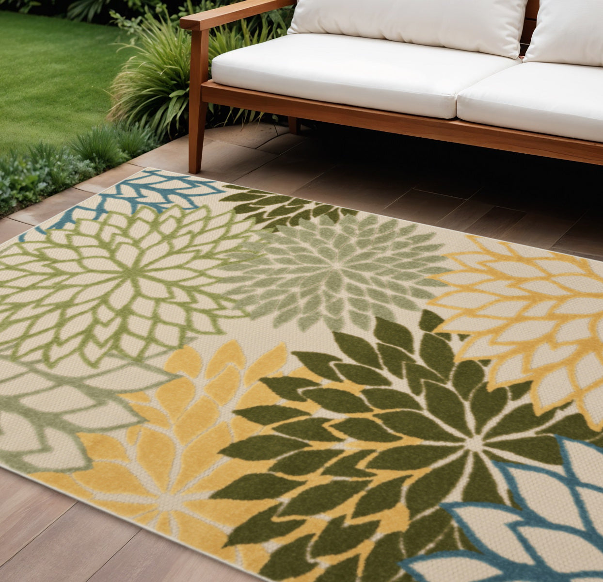 6 X 9 Dark Green Green Yellow And Blue Floral Indoor Outdoor Area Rug
