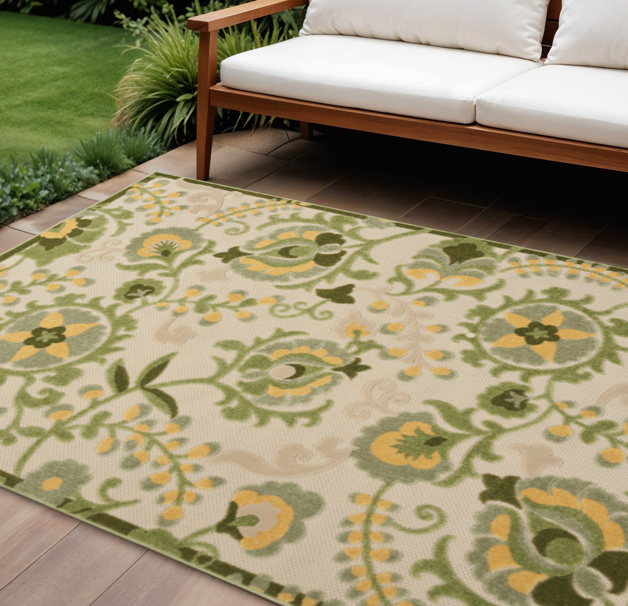 6 X 9 Ivory Green And Yellow Floral Indoor Outdoor Area Rug