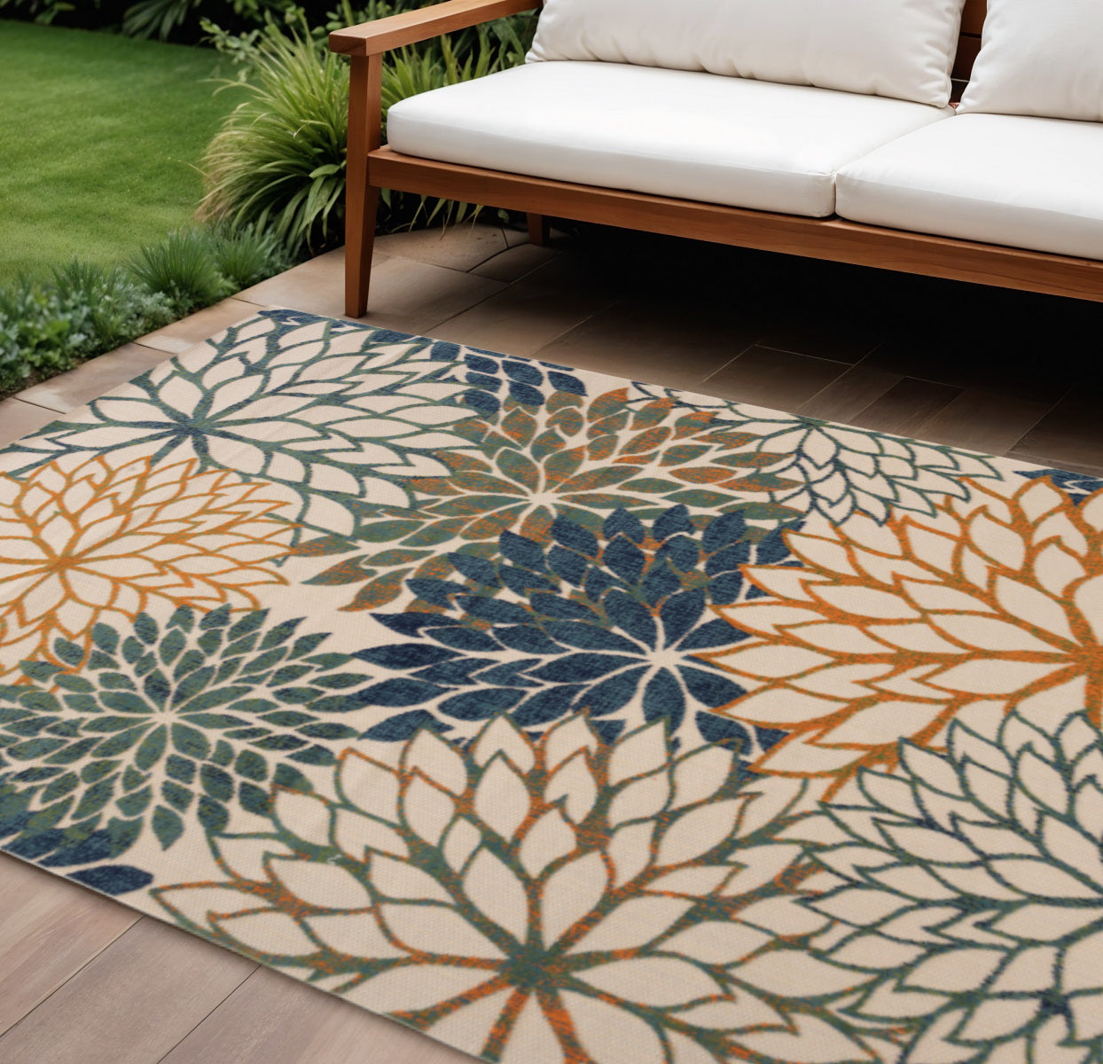 10 X 14 Blue Green And Orange Floral Indoor Outdoor Area Rug