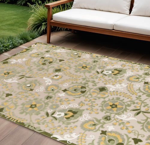10 X 14 Ivory Green And Yellow Floral Indoor Outdoor Area Rug