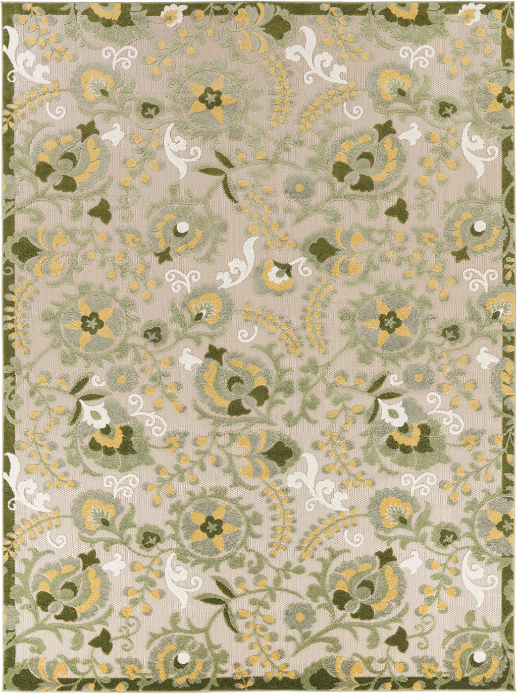 9 X 12 Ivory Green And Yellow Floral Indoor Outdoor Area Rug