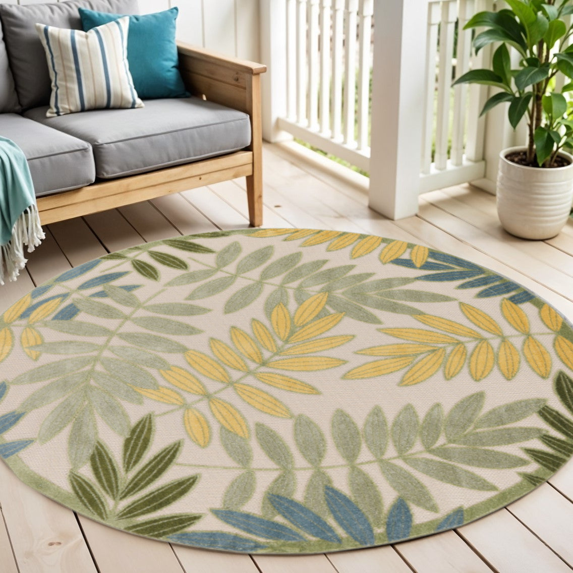 5 Green Yellow And Ivory Round Palm Leaf Indoor Outdoor Area Rug
