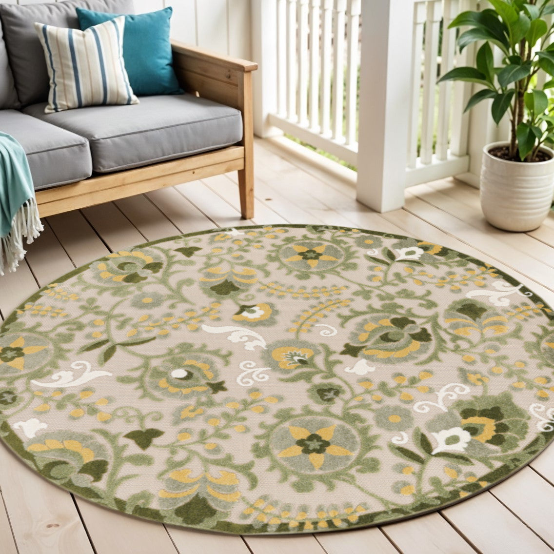 5 Ivory Green Dark Green And Yellow Round Floral Indoor Outdoor Area Rug