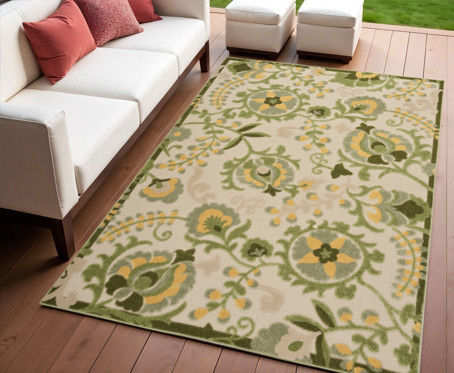 4 X 6 Ivory Green And Yellow Floral Indoor Outdoor Area Rug