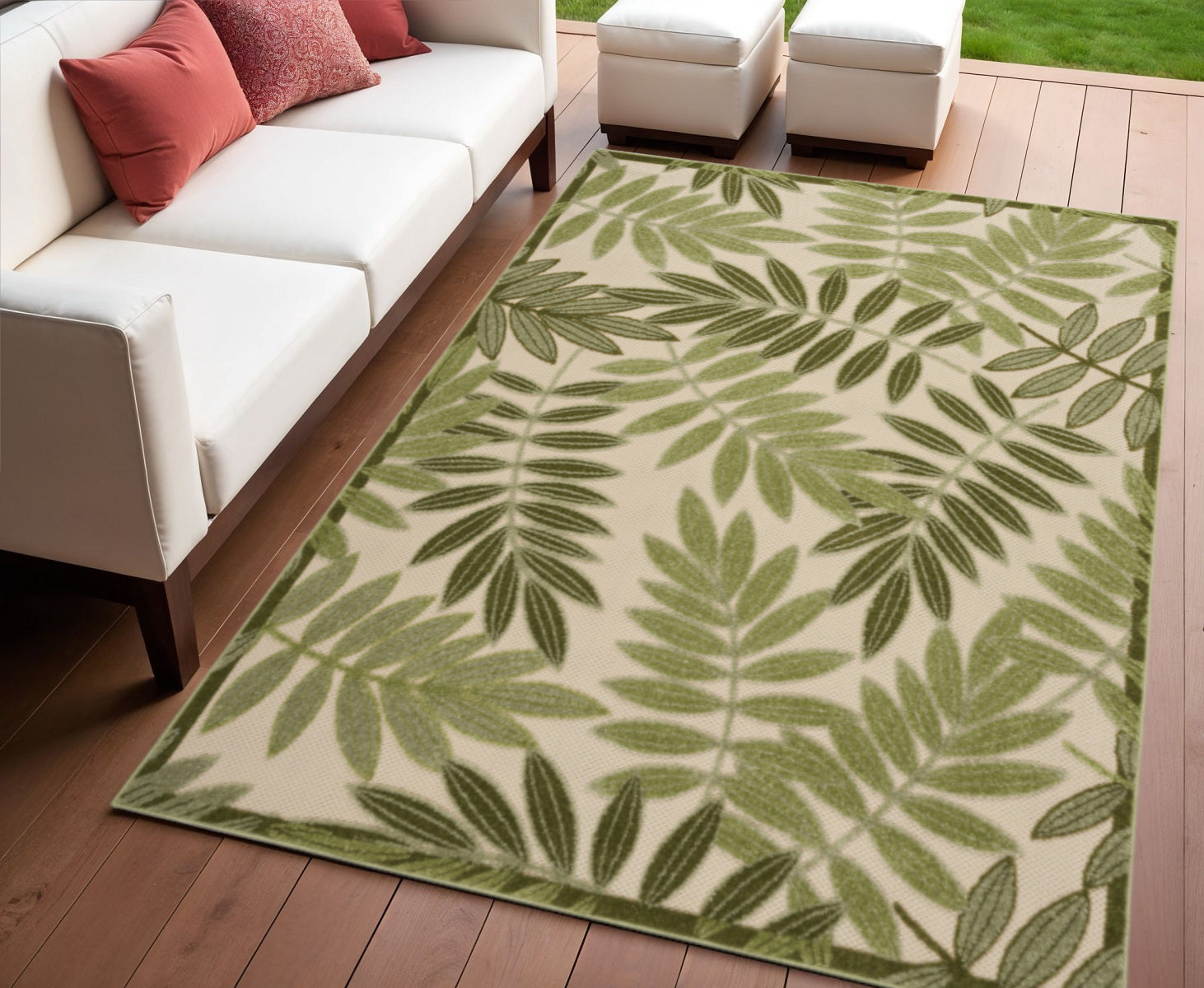 4 X 6 Ivory And Green Palm Leaf Indoor Outdoor Area Rug