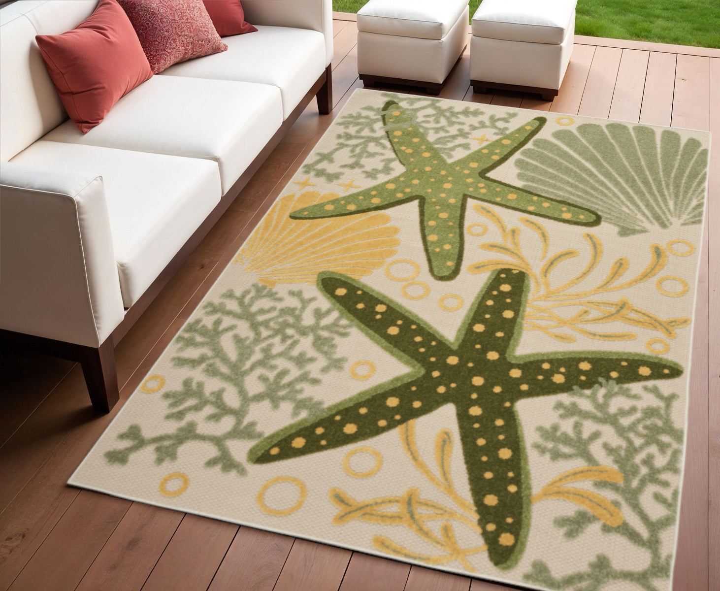 4 X 6 Green And Yellow Starfish Indoor Outdoor Area Rug