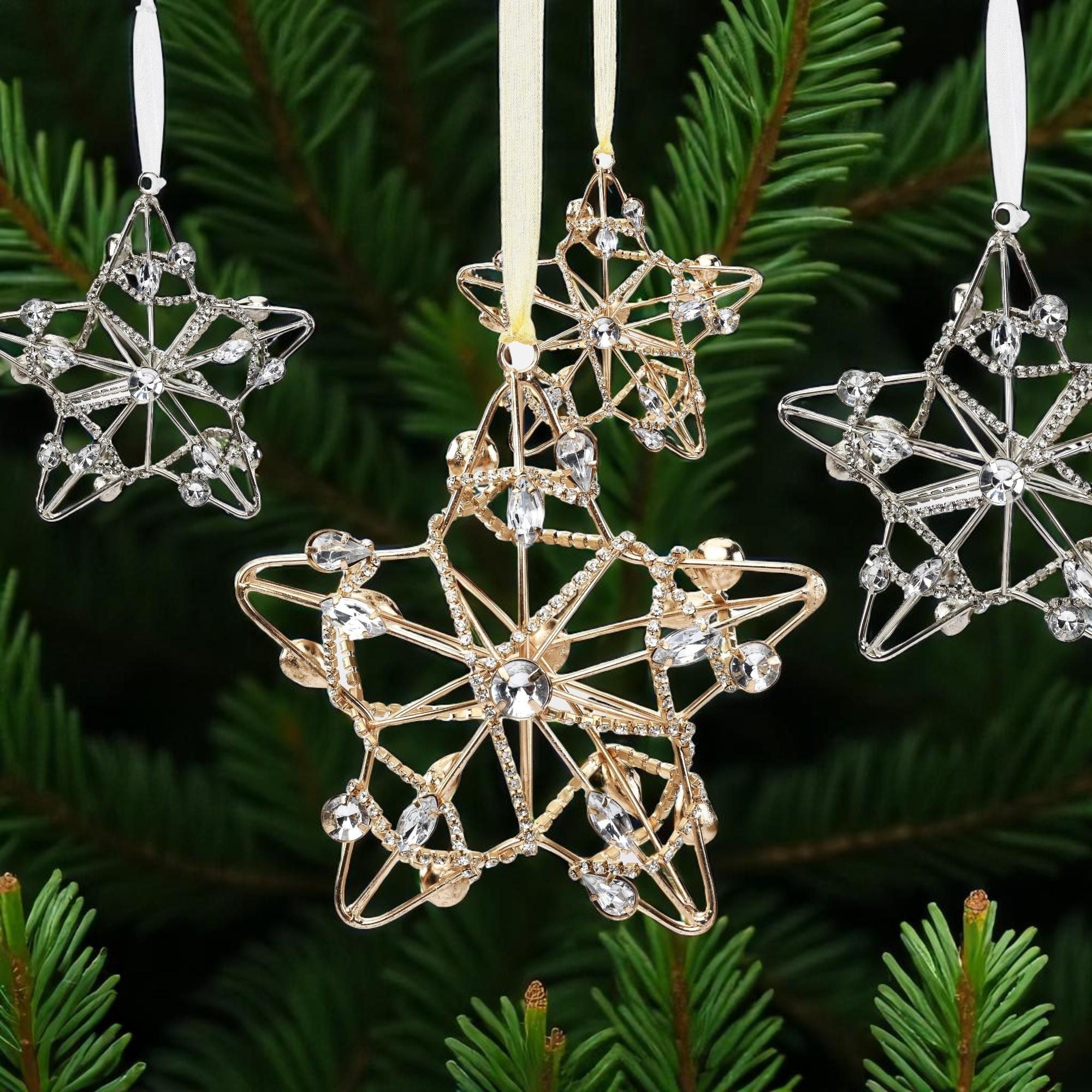 Set of Four Gold And Silver Handmade Faux Crystal And Metal Hanging Star Ornaments