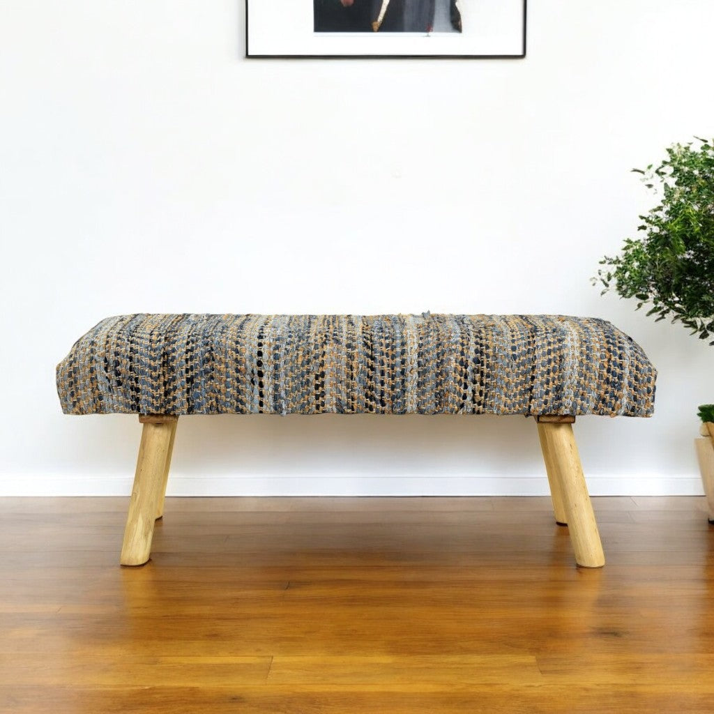 47'' Beige Blue and Brown Cotton Blend Upholstered Striped Bench
