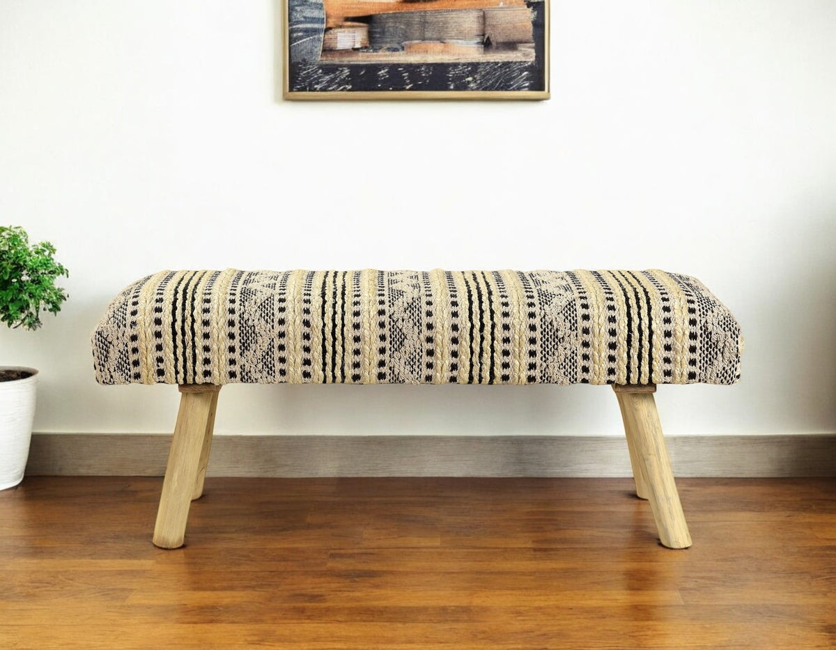 47'' Black Cream and Natural Geo Stripe Cotton Blend Upholstered  Bench