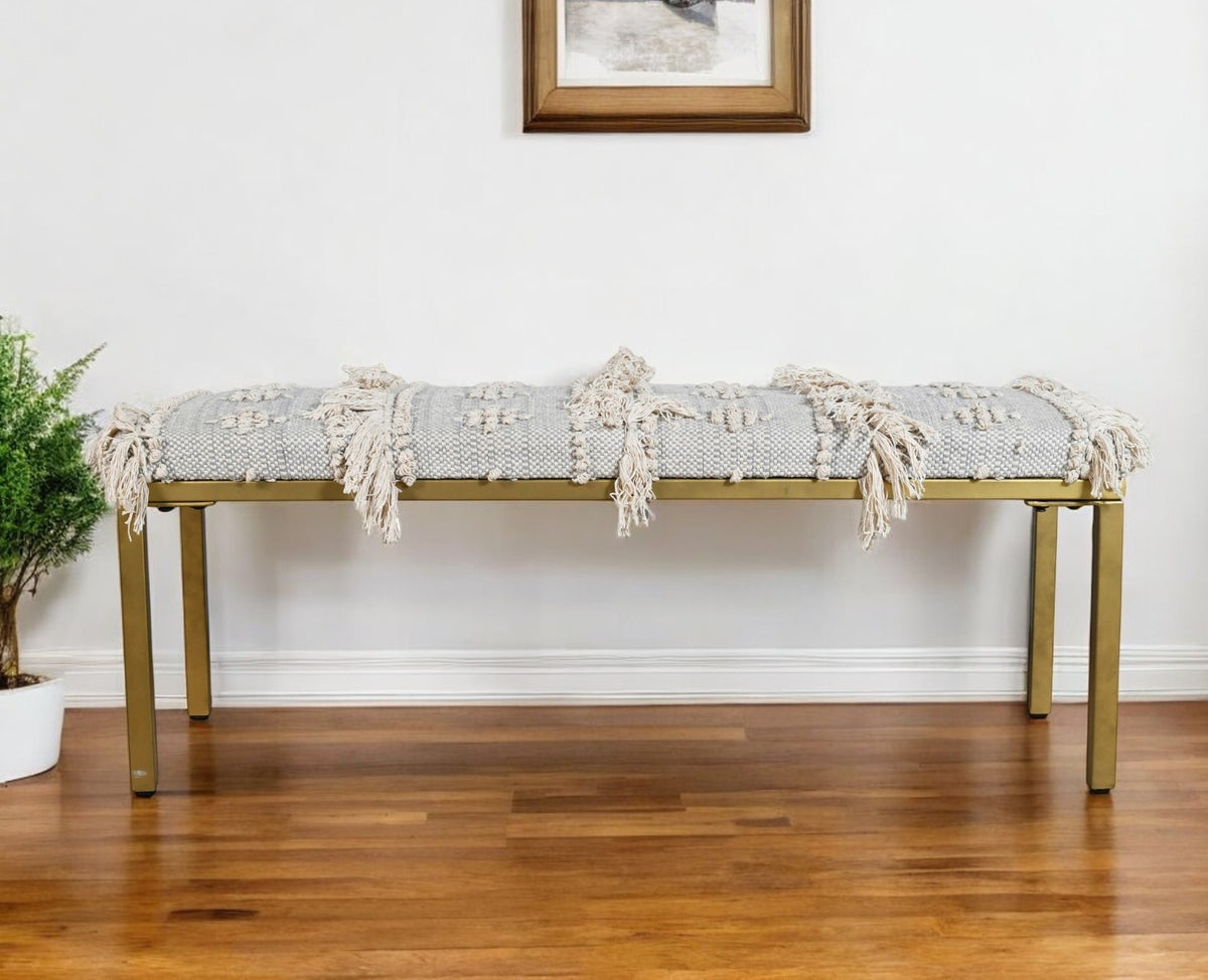 47'' Gray Ivory and Gold Geometric Cotton Upholstered Bench